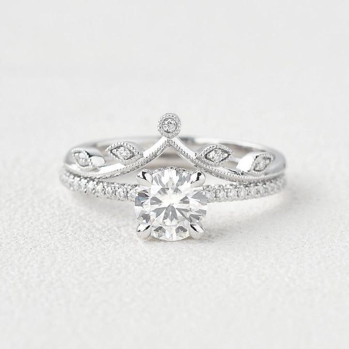 1.25CT Round Cut Lab Grown Diamond Crown Bridal Ring Set with Band (2PCS) - JBR Jeweler