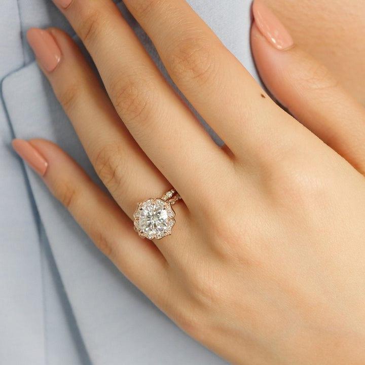 1.50CT Cushion Lab-Grown Diamond Floral Halo Bridal Set with Matching Band (2Pcs) - JBR Jeweler