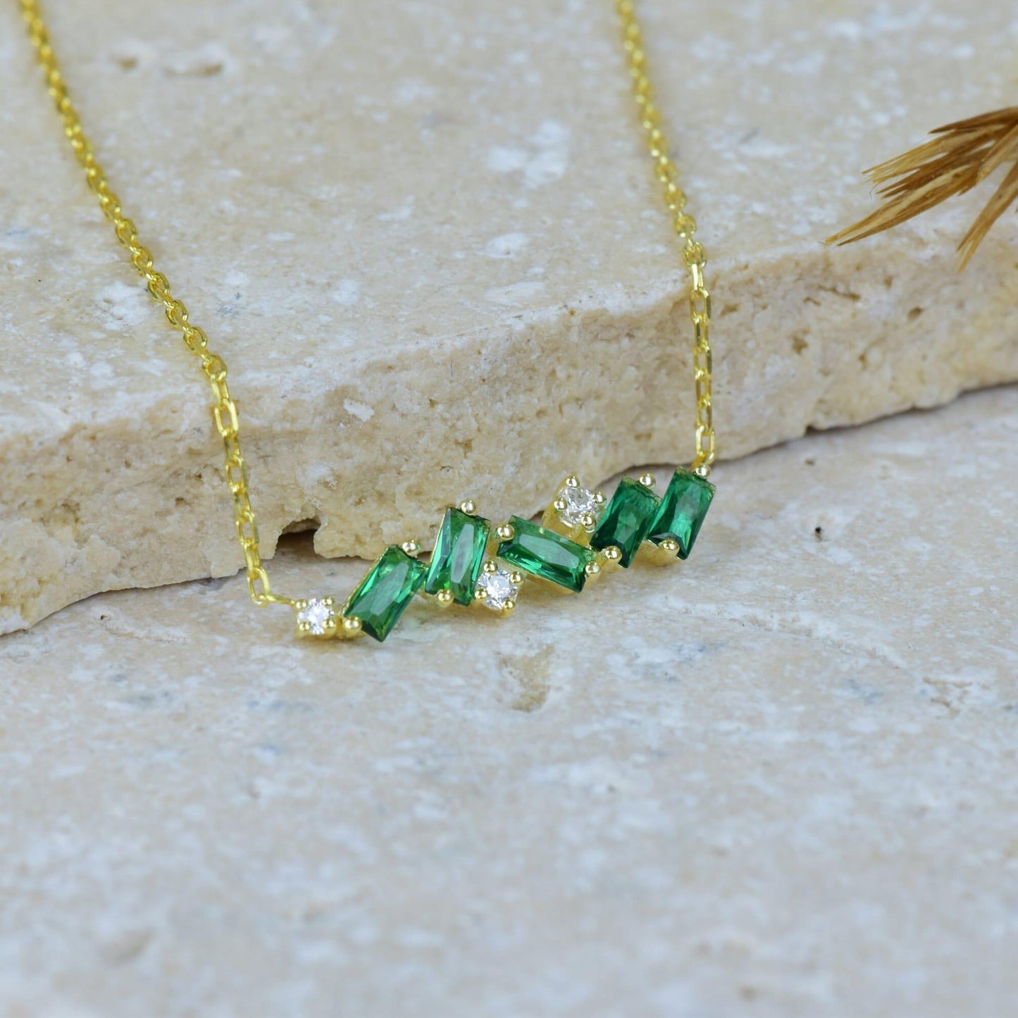 14k Gold Baguette Cut Emerald Solid Gold Emerald Gemstone Pendant Chain Necklace - JBR Jeweler
