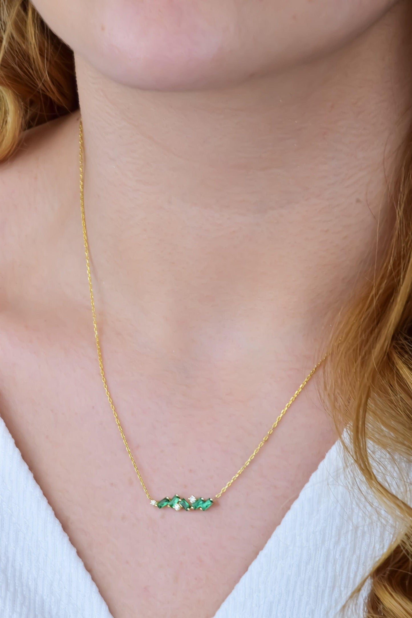 14k Gold Baguette Cut Emerald Solid Gold Emerald Gemstone Pendant Chain Necklace - JBR Jeweler