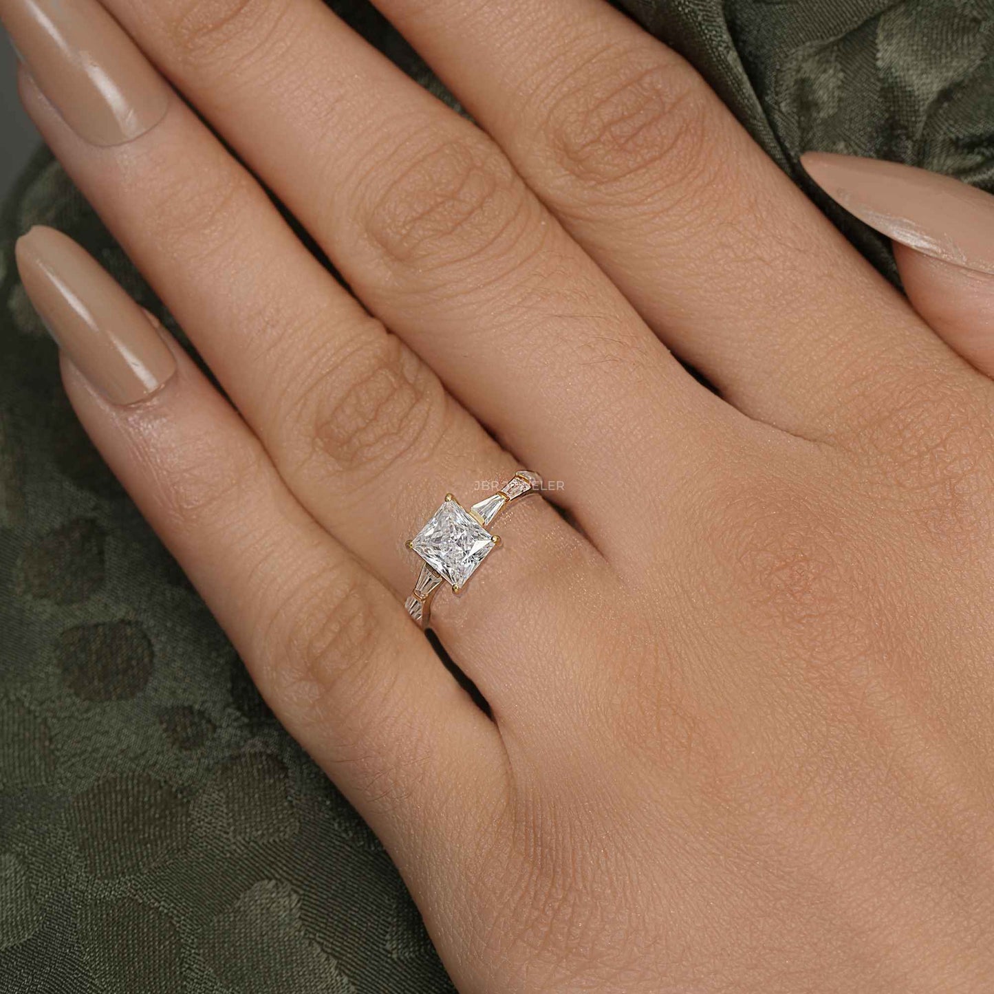 Princess Lab Grown Diamond Engagement Ring with Side Stone Baguette