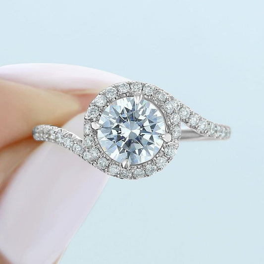 1CT Round Cut Lab Grown Diamond Halo Swirling Engagement Ring - JBR Jeweler