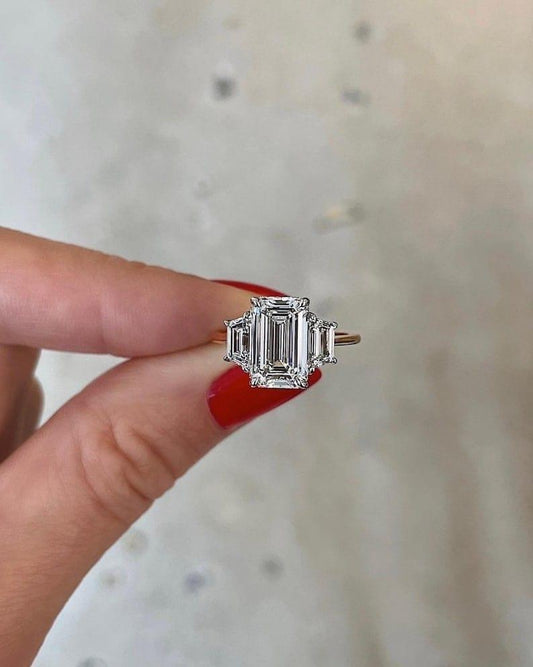 4.0TCW Emerald/Trapezoid Diamond Three Stone Moissanite Engagement Ring - JBR Jeweler