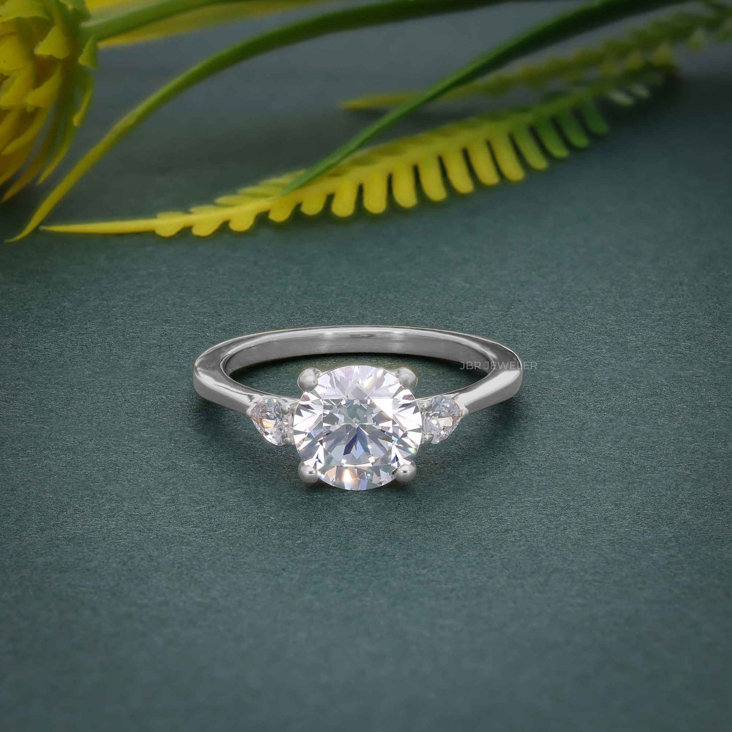 Three Stone Round Cut Lab Gown Diamond Ring With Pear Side Stone
