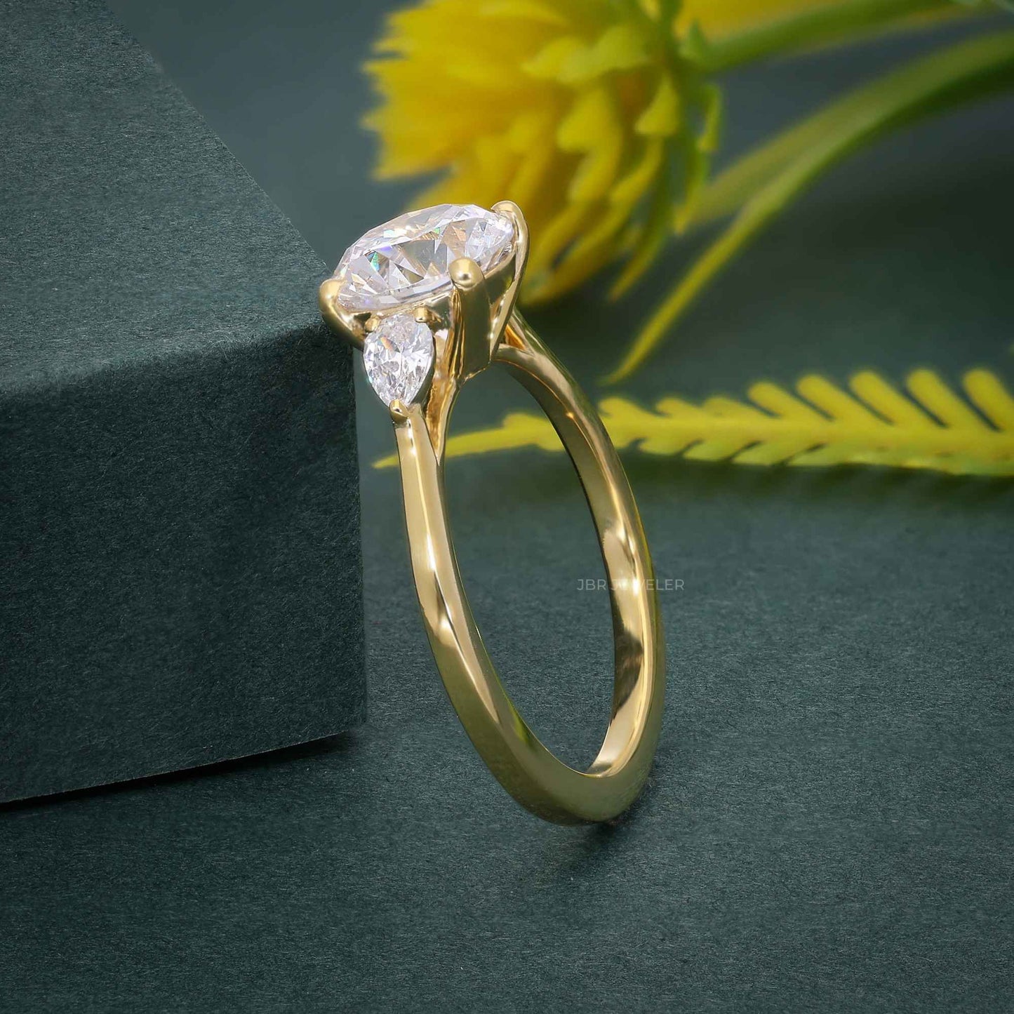 Three Stone Round Cut Lab Gown Diamond Ring With Pear Side Stone