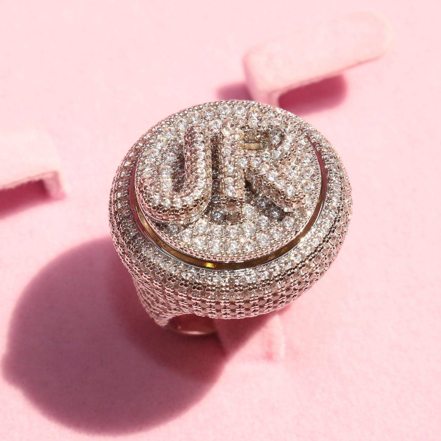 Full Iced Out Moissanite Custom Spinning Initial Bubble Letter Rotatable Party Ring - JBR Jeweler