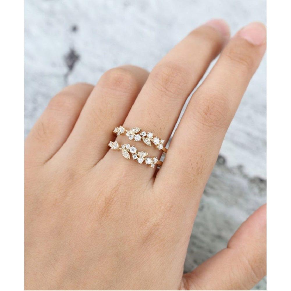 Unique Yellow Gold Vintage Double Women Floral Stacking Matching Moissanite Wedding Band - JBR Jeweler