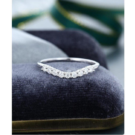 White Gold Curved Vintage Stacking Matching Bridal Moissanite Wedding Band - JBR Jeweler