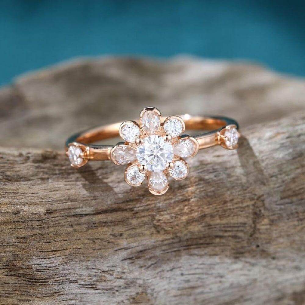 0.50CT Floral Rose Gold Halo Round Shaped Promise Moissanite Engagement Ring - JBR Jeweler