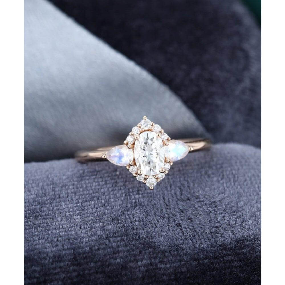 0.50CT Oval Cut Rose Gold Unique Pear Moonstone Cluster Halo Moissanite Engagement Ring - JBR Jeweler