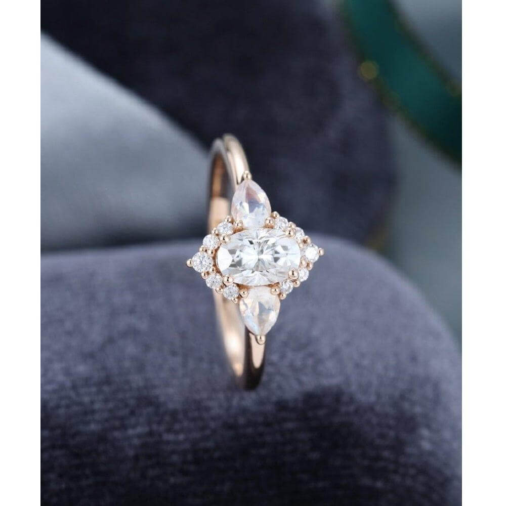 0.50CT Oval Cut Rose Gold Unique Pear Moonstone Cluster Halo Moissanite Engagement Ring - JBR Jeweler