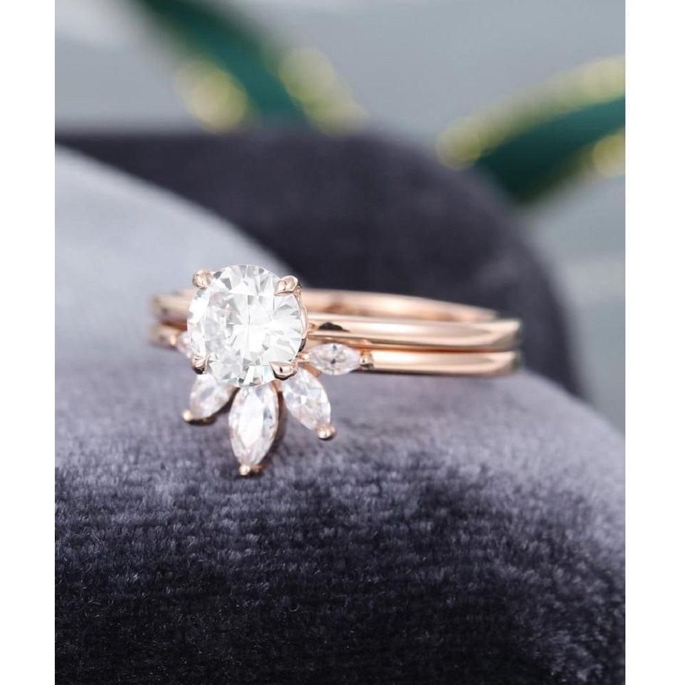 0.70Ct Round Cut Moissanite Engagement Ring Set With Marquise Shape Matching Band - JBR Jeweler