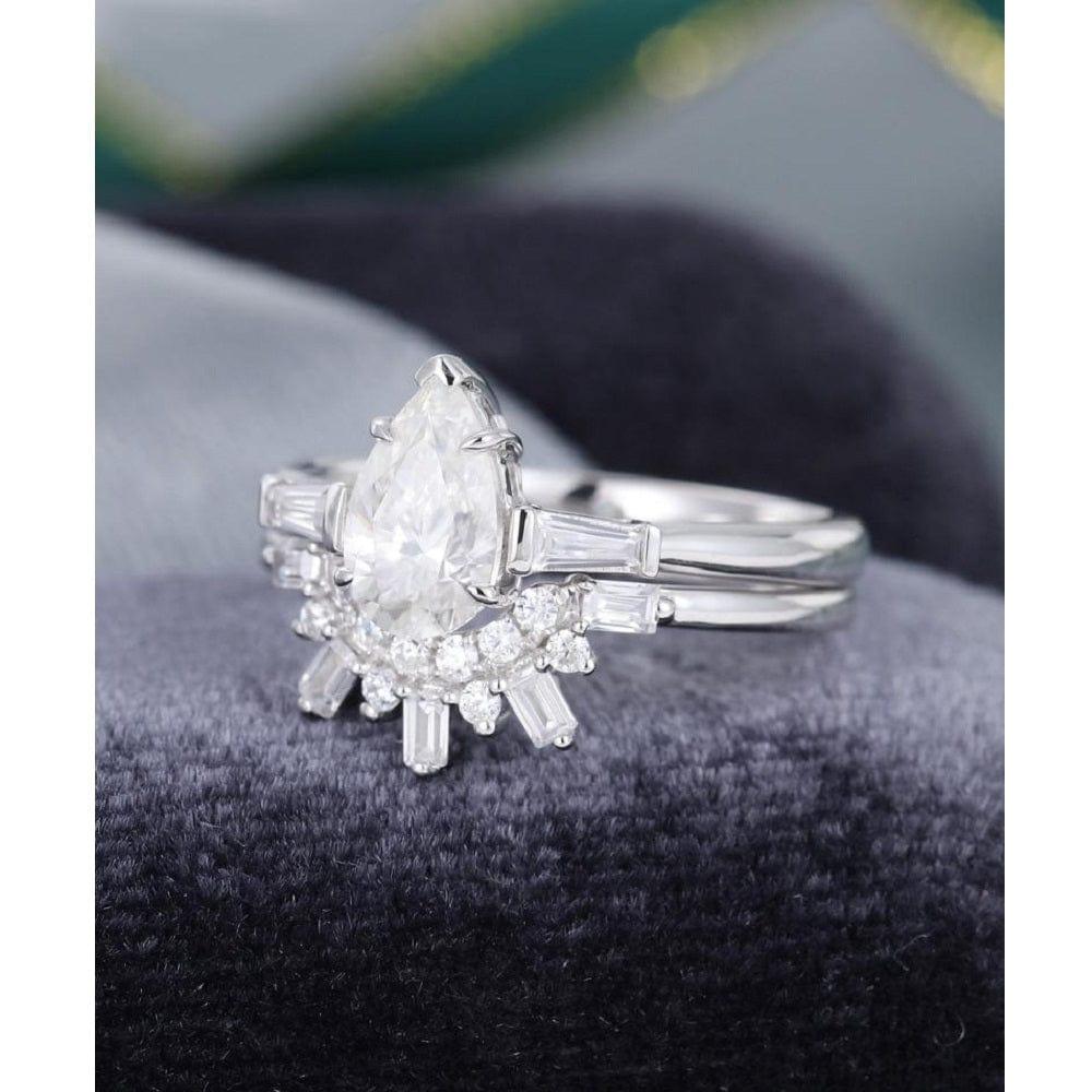 0.75 Pear Shaped White Gold Diamond Baguette Moissanite Engagement Ring Set - JBR Jeweler