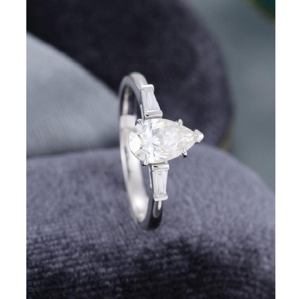 0.75 Pear Shaped White Gold Diamond Baguette Moissanite Engagement Ring Set - JBR Jeweler