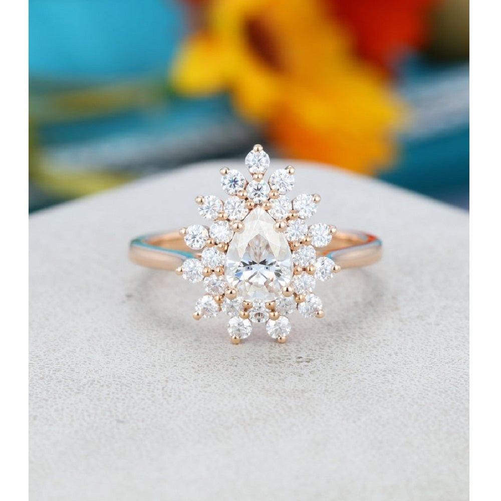 0.75CT Pear Cut Rose Gold Floral Halo Set Women Moissanite Engagement Ring - JBR Jeweler