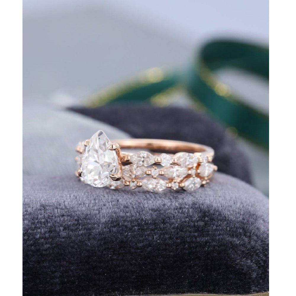 0.75CT Pear Cut Rose Gold Vintage Half Eternity Wedding Band Moissanite Engagement Ring - JBR Jeweler