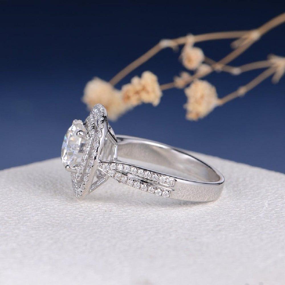 1.00 CT Cushion Cut Double Halo Split Shank Tapered Moissanite Engagement Ring - JBR Jeweler