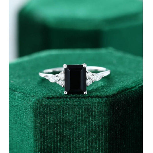 1.00 CT Emerald Cut Black Moissanite White Gold Engagement Ring - JBR Jeweler