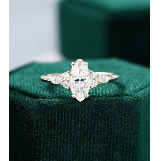 1.00 CT Marquise Cut Yellow Gold Unique Cluster Moissanite Engagement Ring - JBR Jeweler