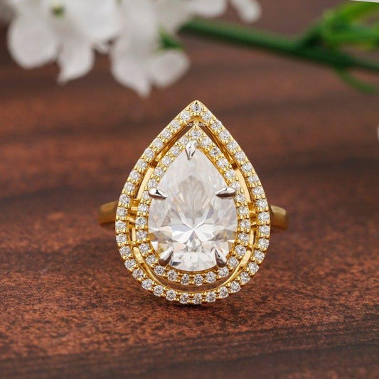 1.00 CT Pear Cut Diamond Double Halo Moissanite Engagement Ring - JBR Jeweler
