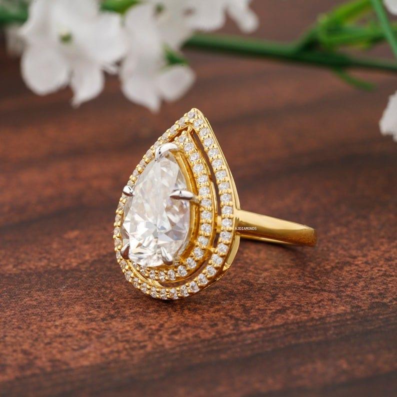 1.00 CT Pear Cut Diamond Double Halo Moissanite Engagement Ring - JBR Jeweler