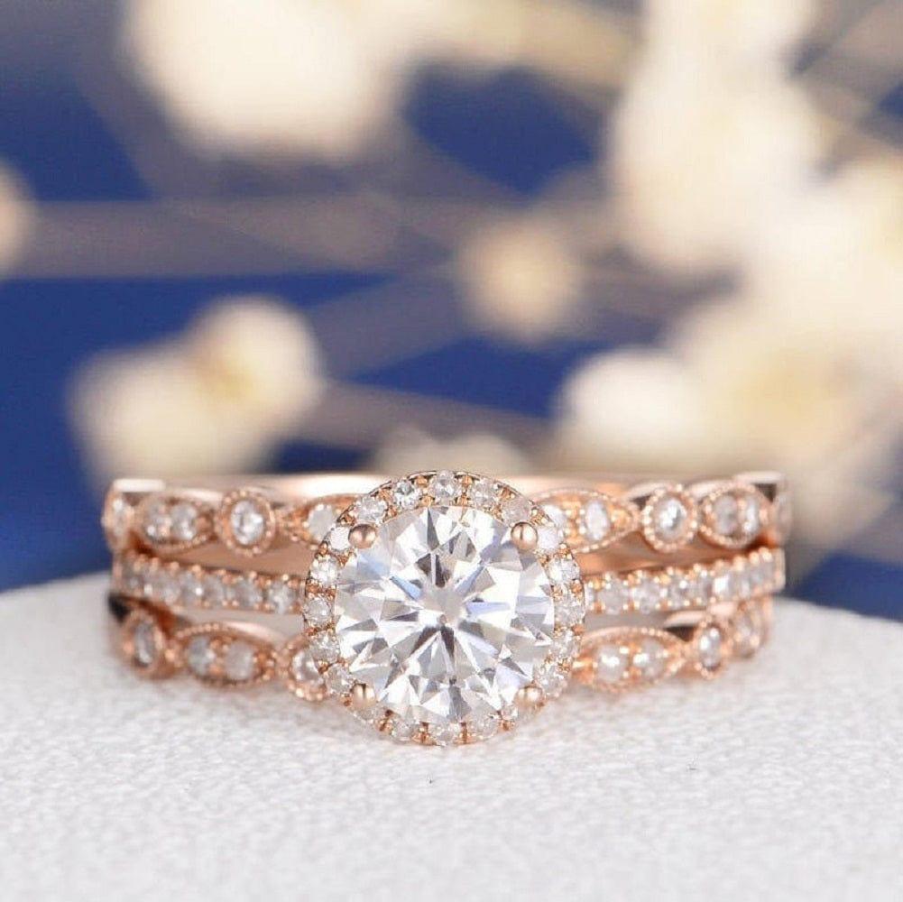 1.00 CT Round Cut Halo Art Deco Wedding Moissanite Engagement Ring With Stacking Band - JBR Jeweler