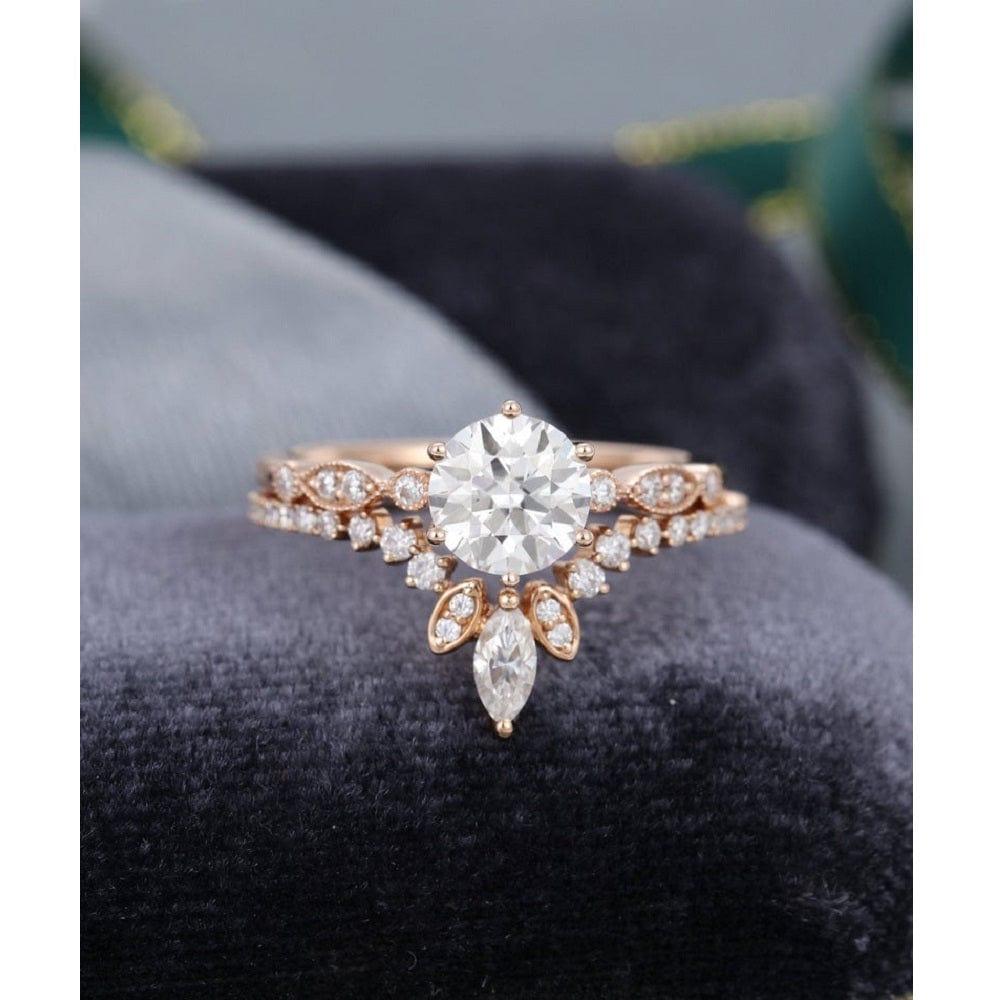 1.00CT 2PCS Unique Rose Gold Art Deco Vintage Curved Moissanite Engagement Ring Band Set - JBR Jeweler