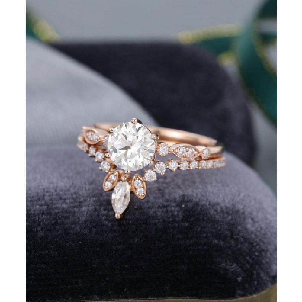 1.00CT 2PCS Unique Rose Gold Art Deco Vintage Curved Moissanite Engagement Ring Band Set - JBR Jeweler