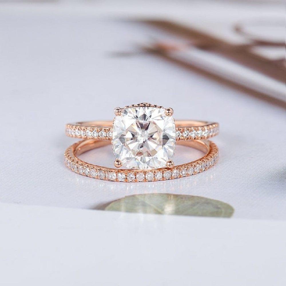 1.00CT Cushion Cut Rose Gold Hidden Halo Bridal Wedding Moissanite Engagement Ring Set - JBR Jeweler