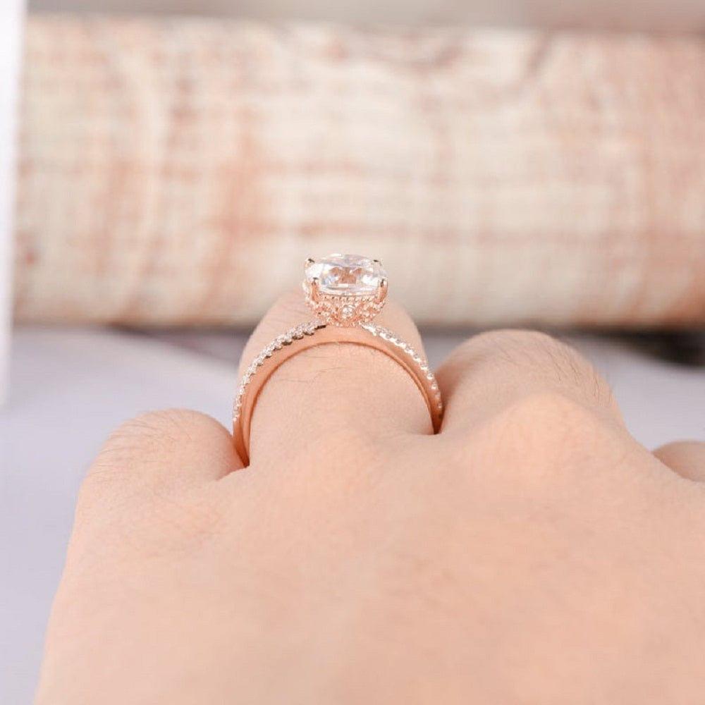 1.00CT Cushion Cut Rose Gold Hidden Halo Bridal Wedding Moissanite Engagement Ring Set - JBR Jeweler