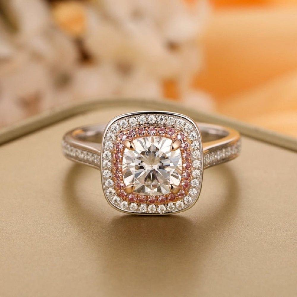 1.00CT Double Halo Ring Cushion Cut Pink Accents Moissanite Engagement Anniversary Ring - JBR Jeweler