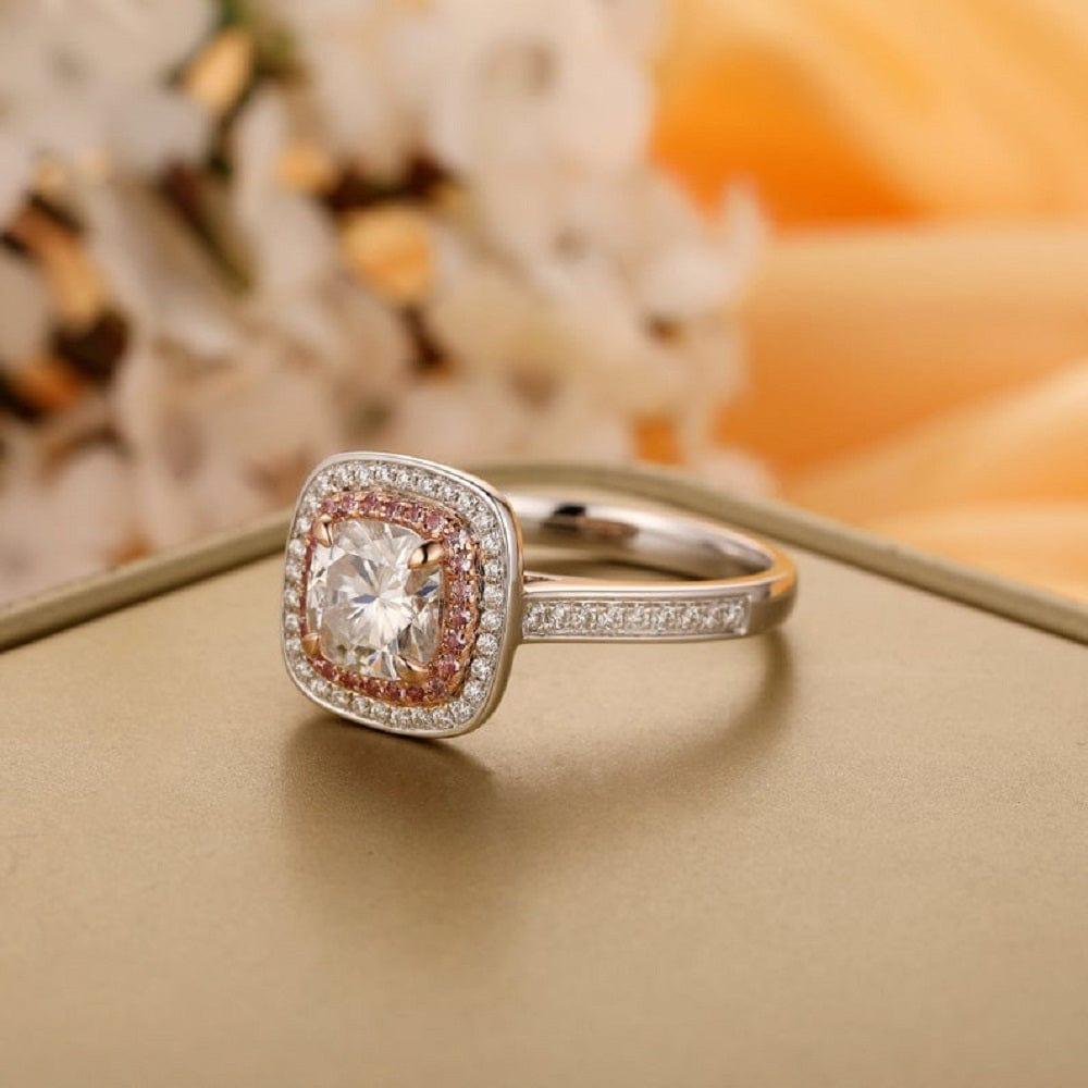 1.00CT Double Halo Ring Cushion Cut Pink Accents Moissanite Engagement Anniversary Ring - JBR Jeweler