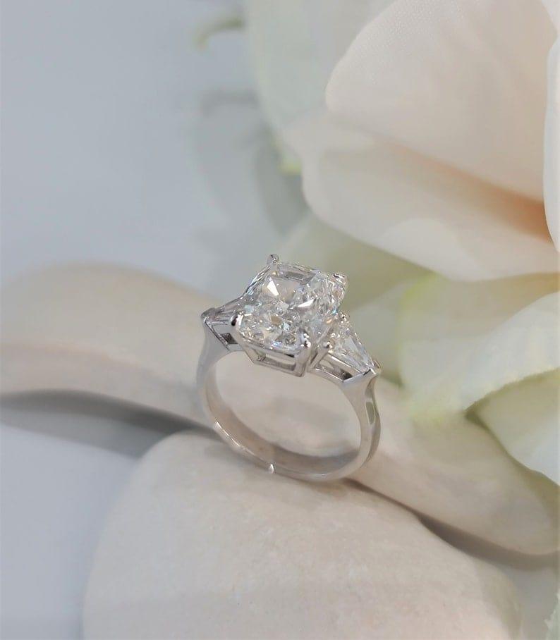 1.5 Carat Moissanite Engagement Ring with Princess Cut Center stone and  Trillion Side Stones (GRA CERTIFIED)