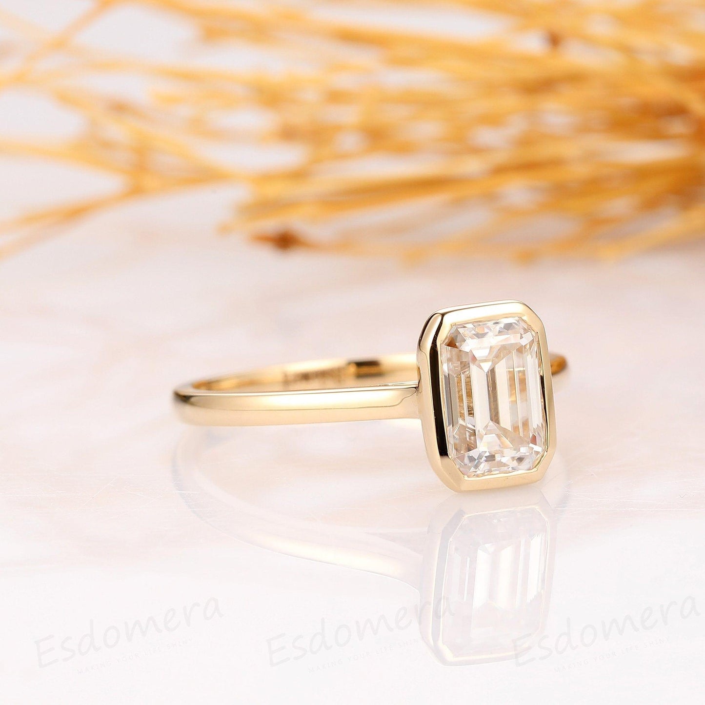 1.00CT Emerald Cut Bezel Set White Moissanite 14K Yellow Gold Engagement Promise Ring - JBR Jeweler