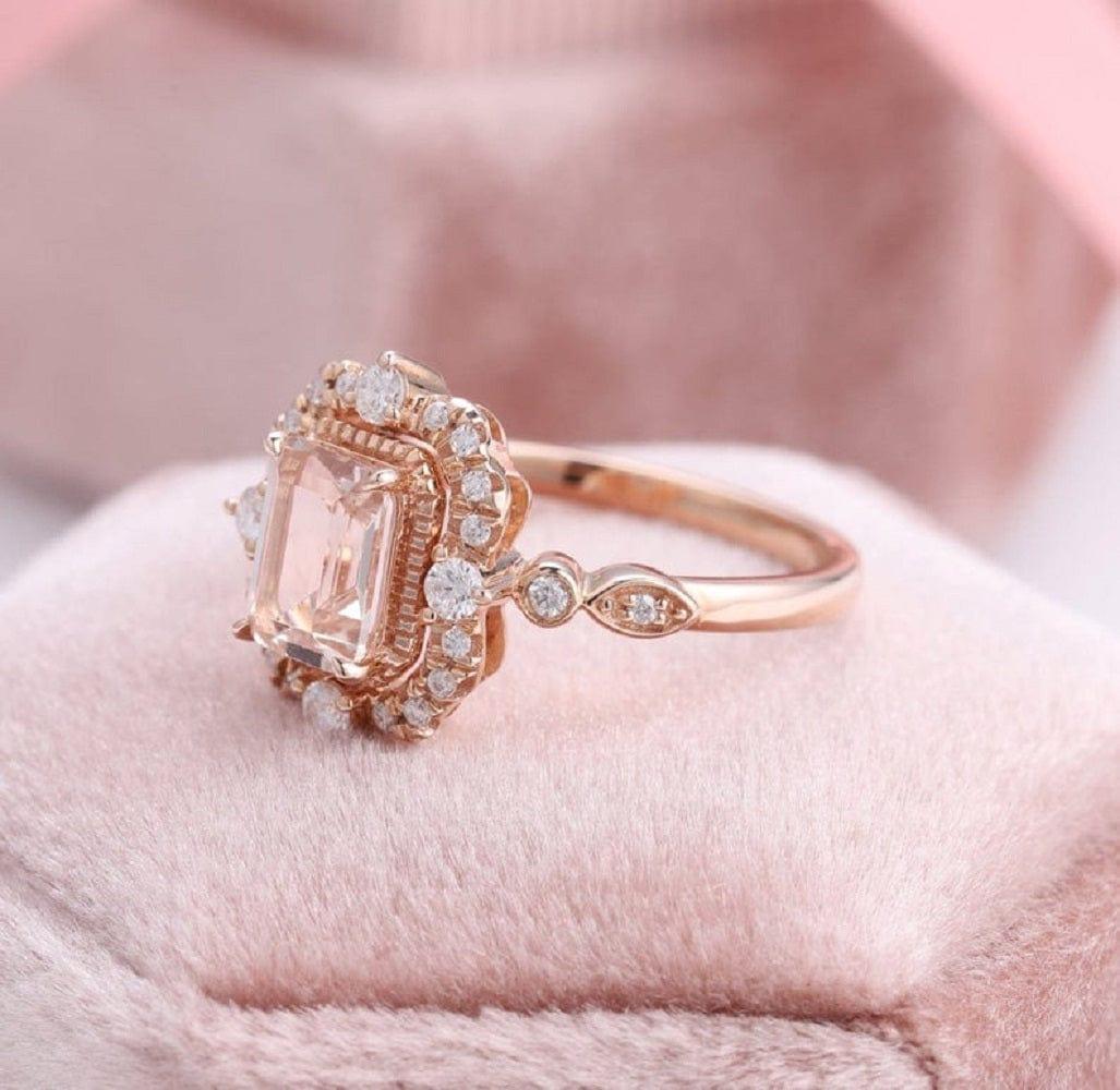 1.00CT Emerald Cut Rose Gold Halo Edwardian Style Moissanite Engagement Wedding Ring - JBR Jeweler