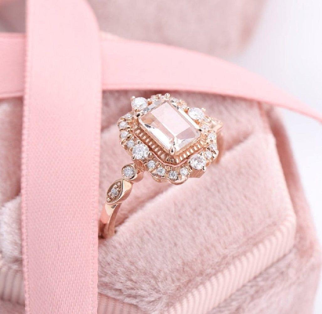 1.00CT Emerald Cut Rose Gold Halo Edwardian Style Moissanite Engagement Wedding Ring - JBR Jeweler