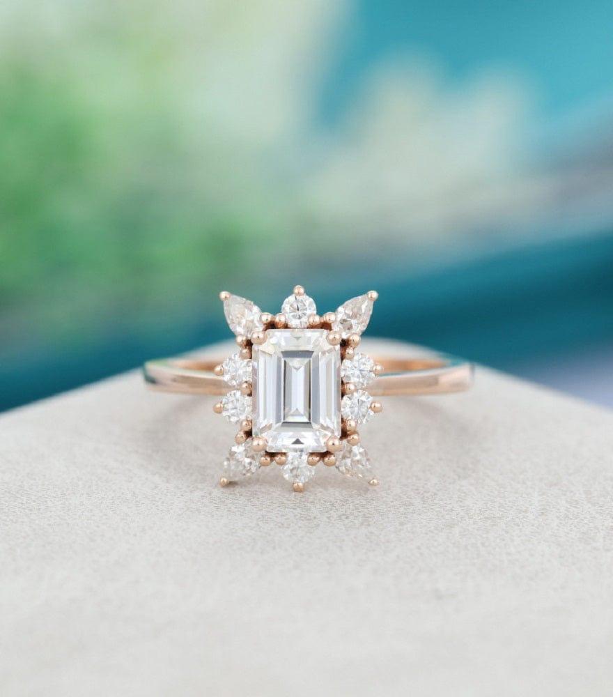 1.00CT Emerald Cut Rose Gold Unique Floral Style Wedding Moissanite Engagement Ring - JBR Jeweler