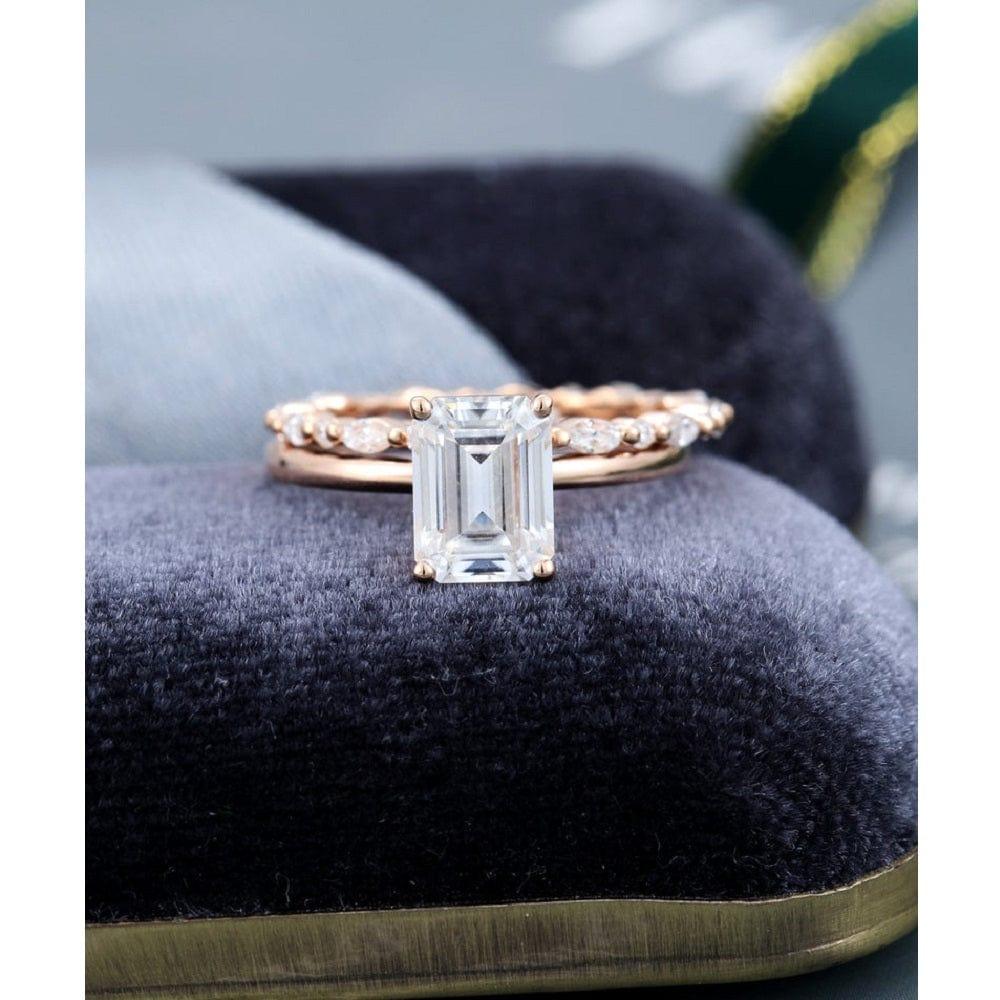 1.00CT Emerald Cut Set Simple Rose Gold Unique Full Eternity Moissanite Engagement Ring - JBR Jeweler