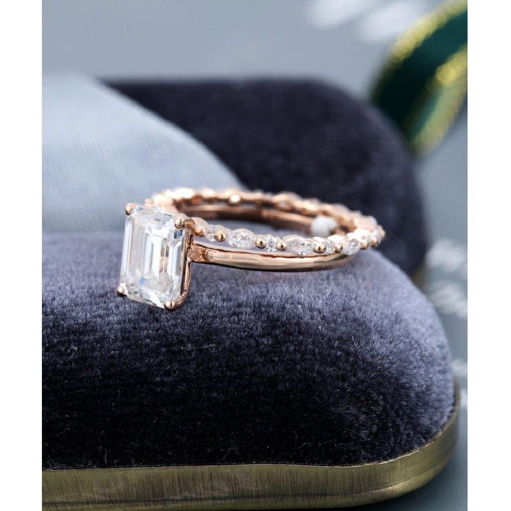 1.00CT Emerald Cut Set Simple Rose Gold Unique Full Eternity Moissanite Engagement Ring - JBR Jeweler