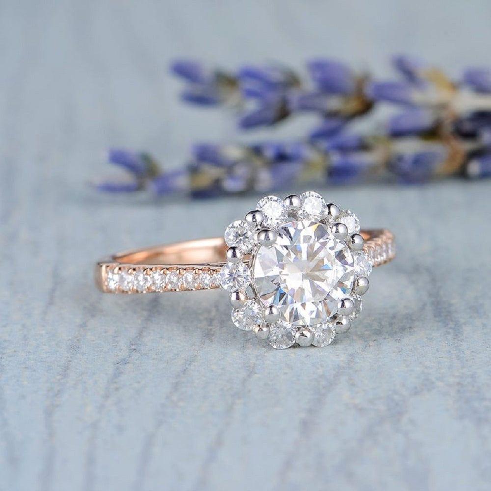 1.00CT Flower Halo Antique Rose Gold White Gold Set Moissanite Engagement Ring - JBR Jeweler