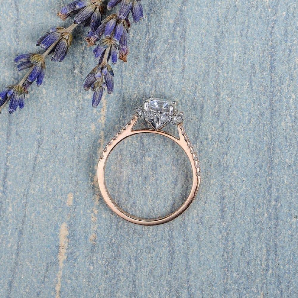 1.00CT Flower Halo Antique Rose Gold White Gold Set Moissanite Engagement Ring - JBR Jeweler