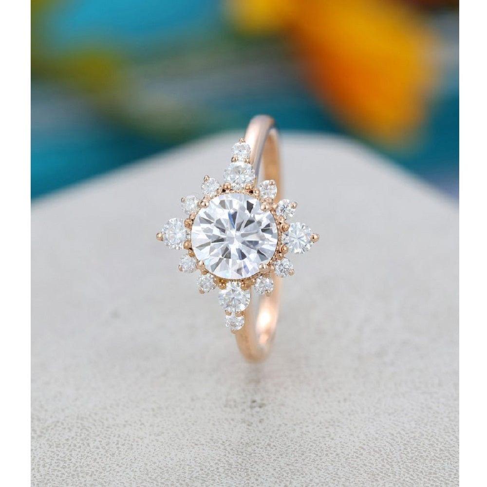 1.00CT Halo Diamond Flower Cluster Vintage Rose Gold Moissanite Engagement Ring - JBR Jeweler