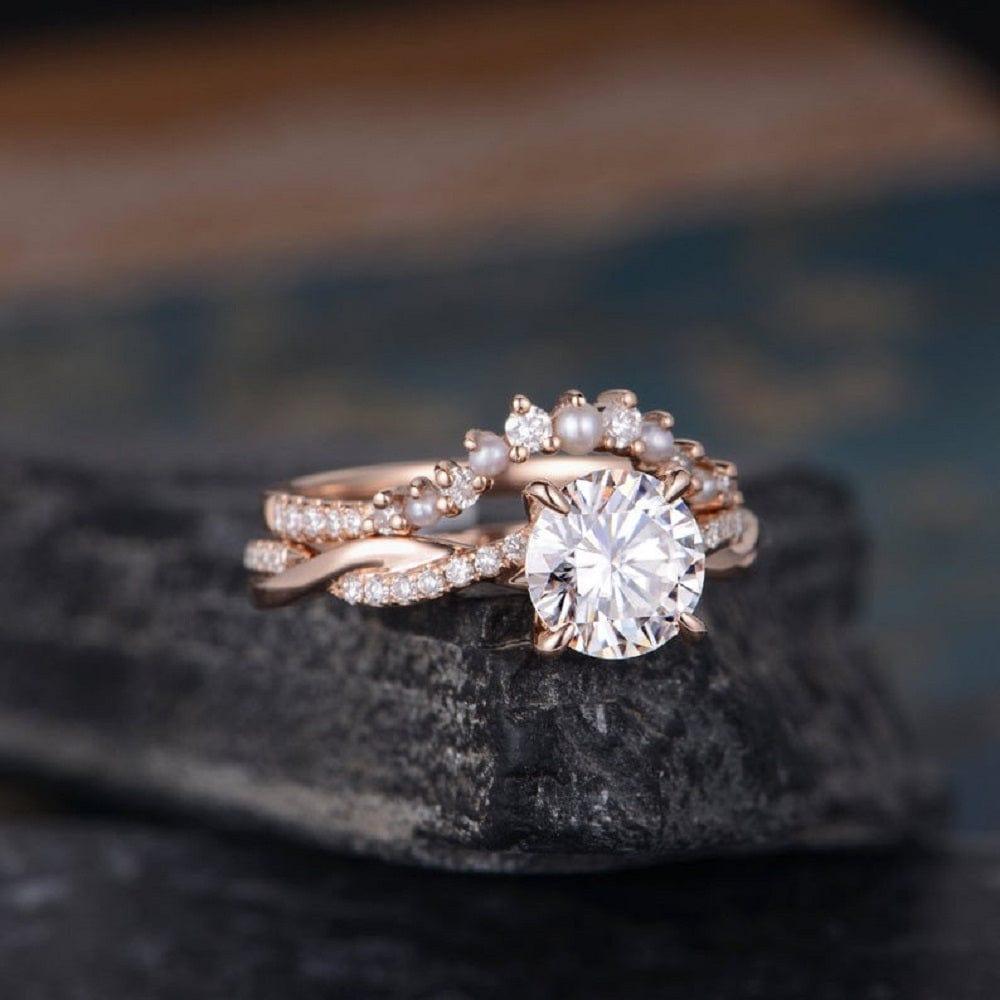 1.00CT Infinity Solitaire Set Pearl Rose Gold Twist Half Eternity Moissanite Engagement Ring - JBR Jeweler
