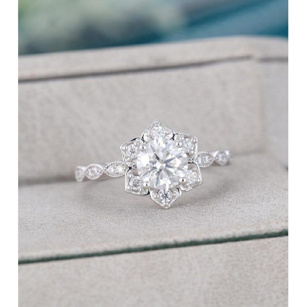 1.00CT Lotus Flower Halo Vintage Milgrain Bridal Moissanite Engagement Ring For Women - JBR Jeweler