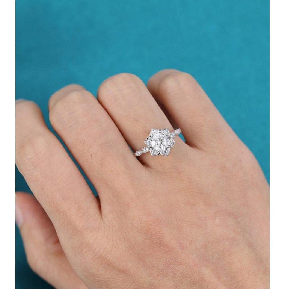 1.00CT Lotus Flower Halo Vintage Milgrain Bridal Moissanite Engagement Ring For Women - JBR Jeweler