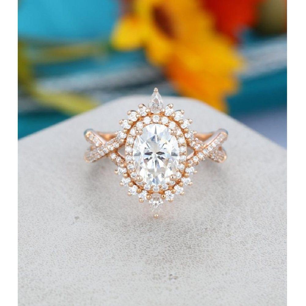 1.00CT Oval Cut Rose Gold Halo Unique Vintage Twisted Moissanite Engagement Ring - JBR Jeweler