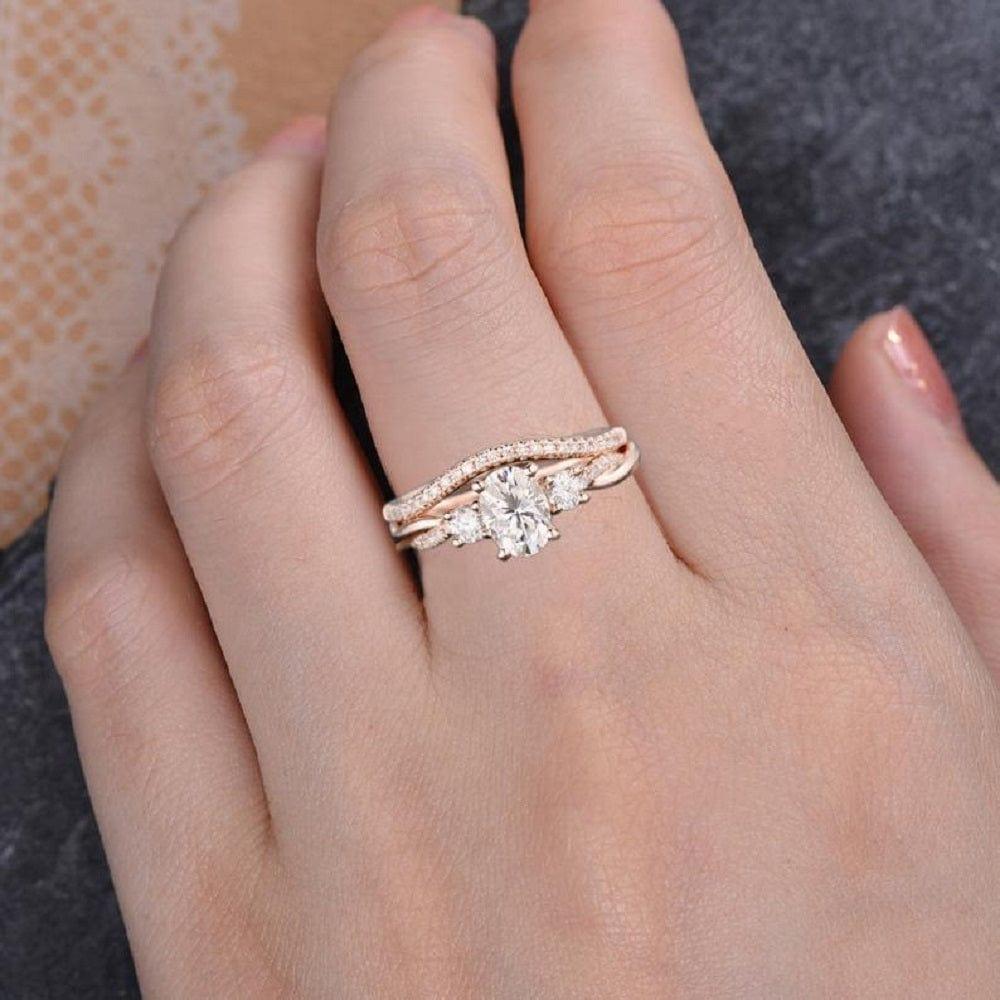1.00CT Oval Cut Rose Gold Infinity Three Stone Bridal Moissanite Engagement Ring Set - JBR Jeweler