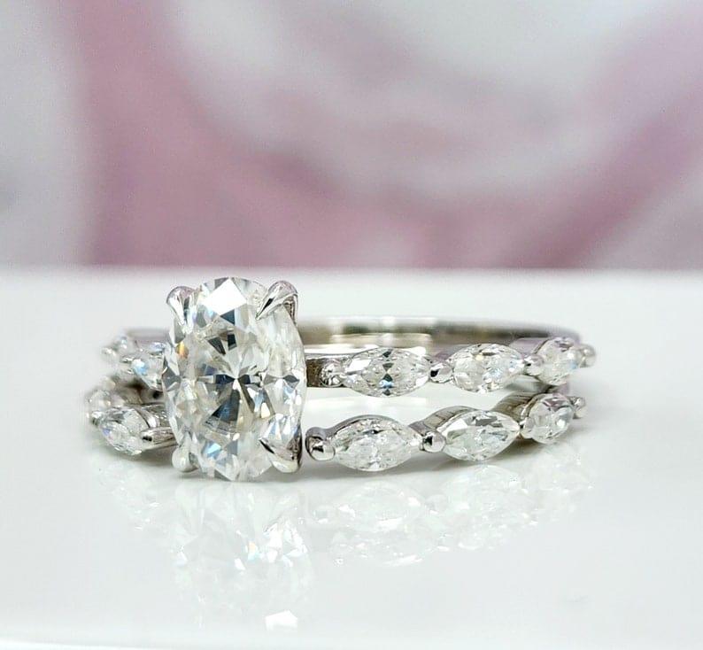 1.00Ct Oval Lab Grown Diamond Engagement Ring With Matching Open Stack Band Set - JBR Jeweler