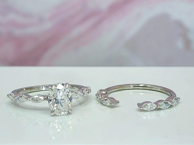 1.00Ct Oval Lab Grown Diamond Engagement Ring With Matching Open Stack Band Set - JBR Jeweler