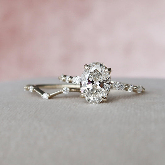 1.00CT Oval Lab-Grown Diamond Under Halo Bridal Set With Wedding Band(2Pcs) - JBR Jeweler